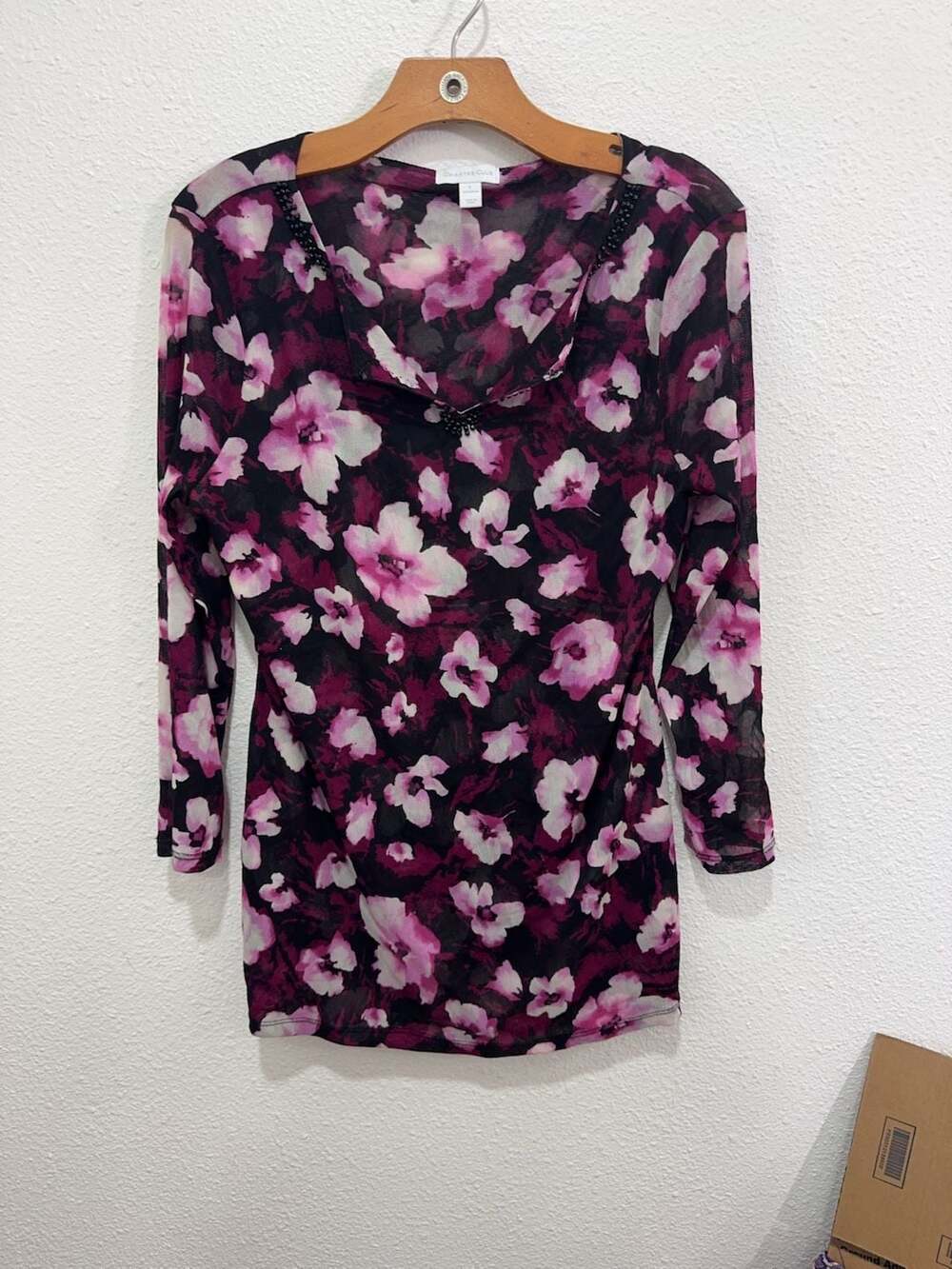 Charter Club Women's Floral Print Beaded Neck Mesh Top Size L